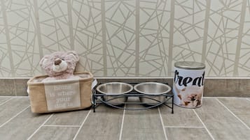 A pet feeding area with a dog bowl, a water bowl, and a food bowl on a tiled floor.