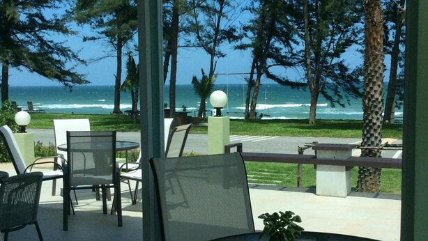 Un patio frente al mar con mobiliario exterior, vista al océano y una planta en maceta sobre una mesa.