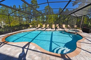 A covered outdoor swimming pool with lounge chairs and a wooden deck.