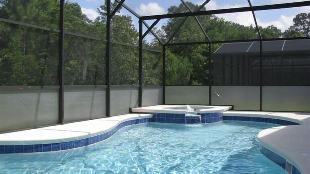 A swimming pool with a curved design, surrounded by a metal frame structure, and a view of trees in the background.