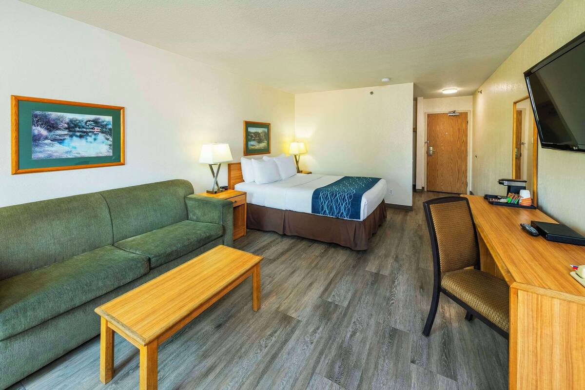 Habitación de hotel con sofá verde, cama de madera, escritorio con silla, televisor y dos lámparas.