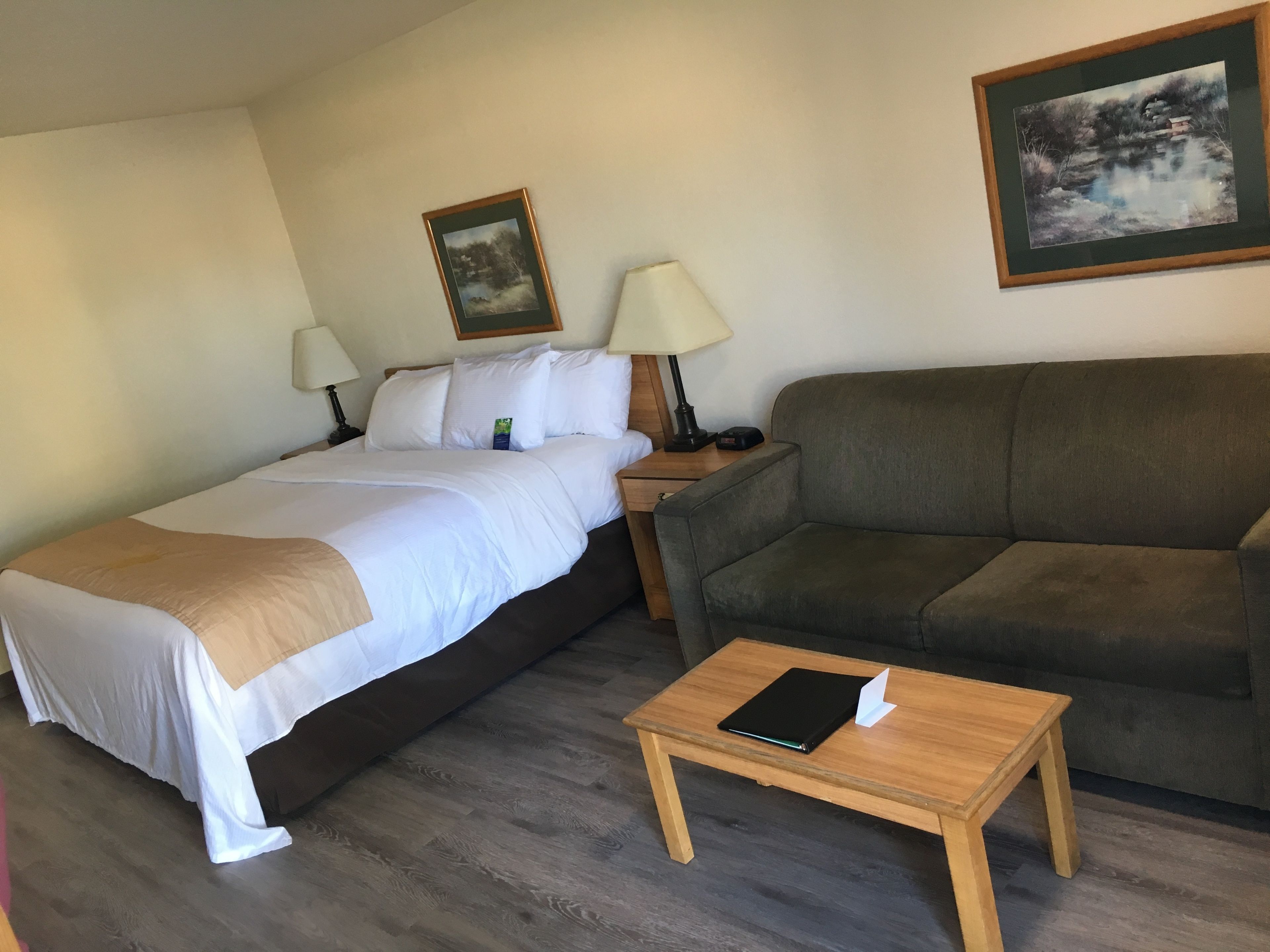 Una habitación de hotel con una cama, un sofá, una mesita y un cuadro en la pared.