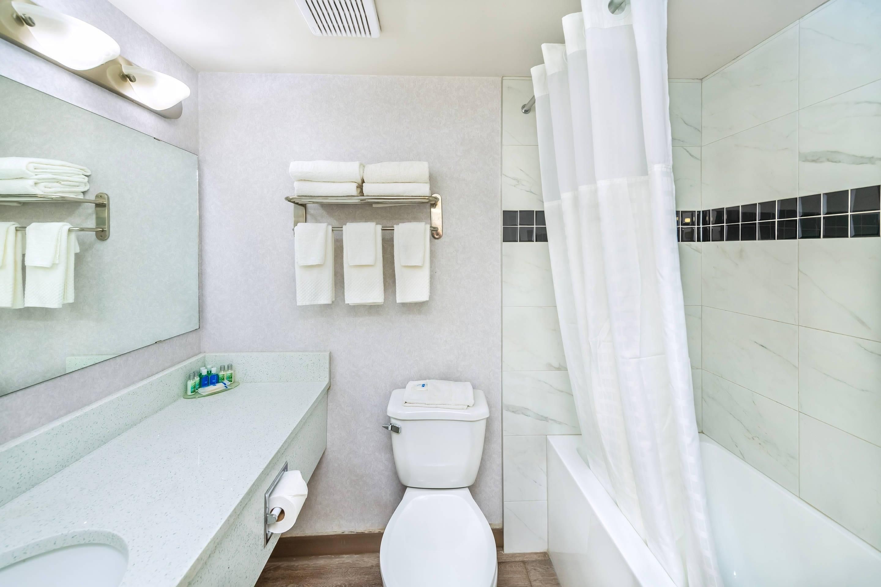 A modern bathroom with a toilet, a towel rack, and a shower curtain.