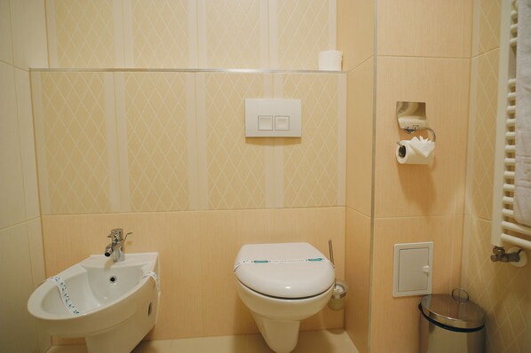 A bathroom with a sink, toilet, and a trash bin.
