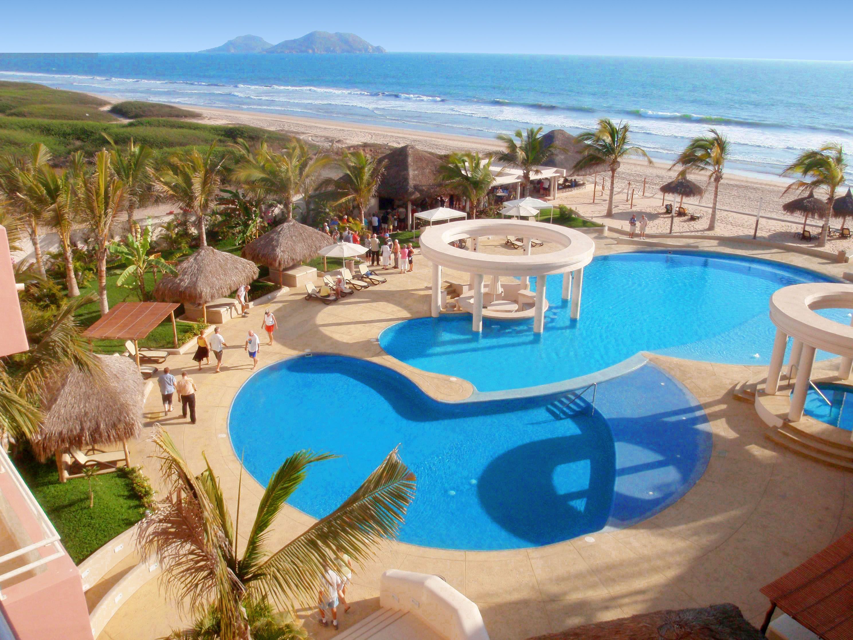 Outdoor pool, pool umbrellas, pool loungers