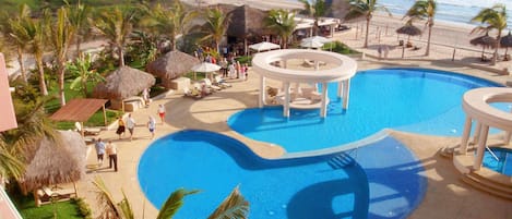 Outdoor pool, pool umbrellas, pool loungers