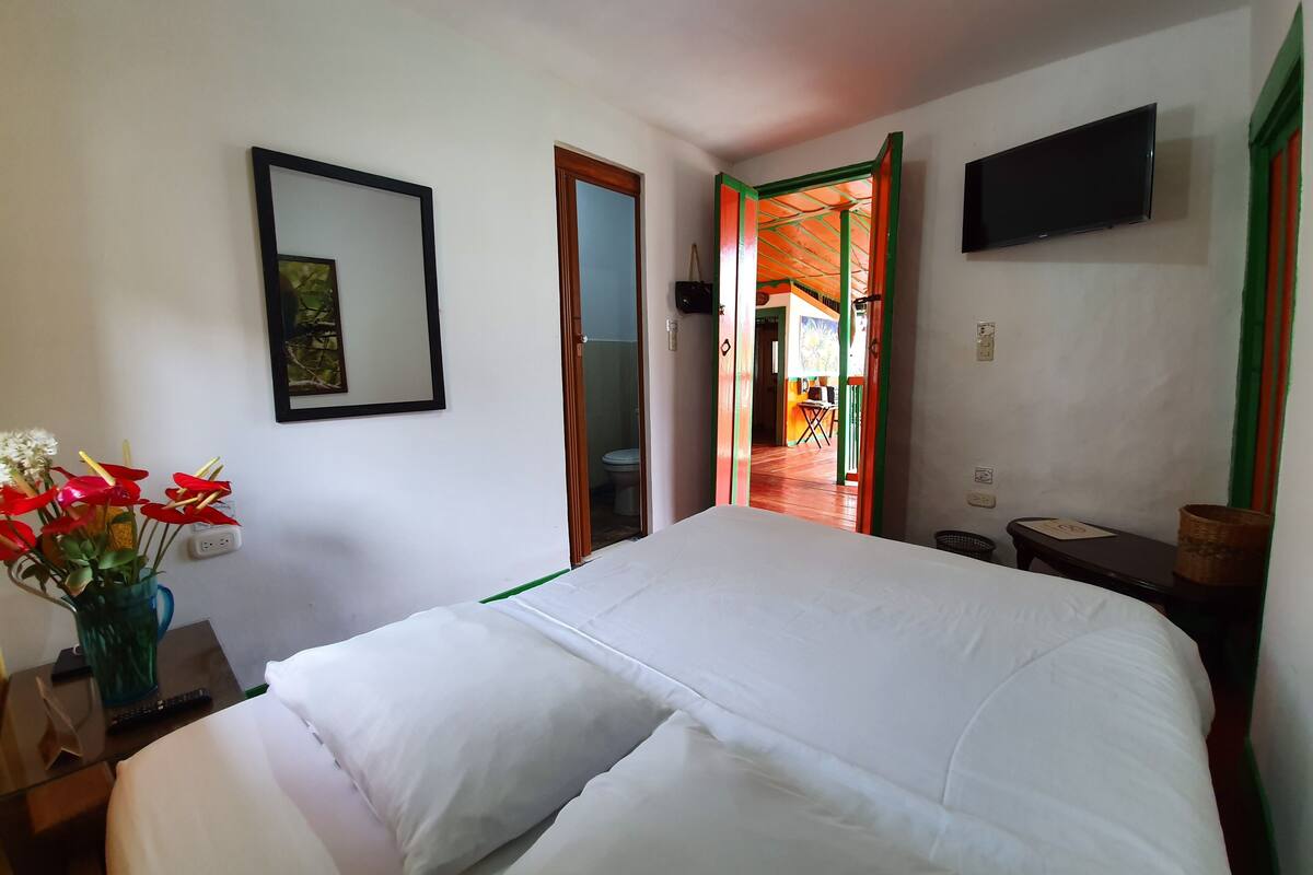 Une chambre d’hôtel avec un lit, un miroir, une télévision et un vase de fleurs.