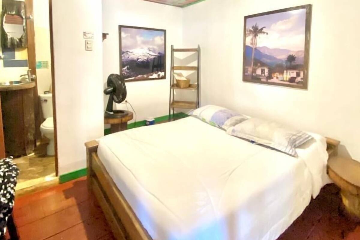 Une chambre à coucher avec un lit, une tête de lit en bois, un miroir, une étagère avec un ventilateur et deux tableaux encadrés accrochés au mur.
