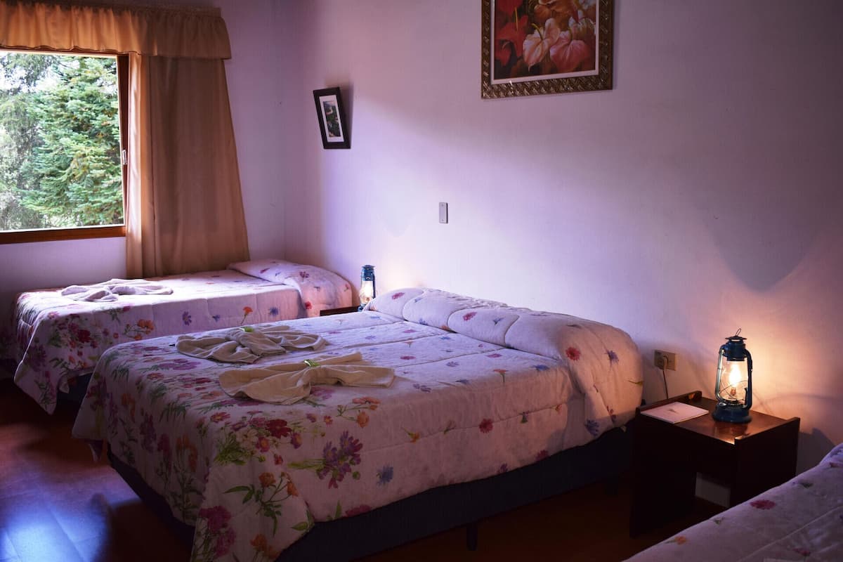 Ein Zimmer mit zwei Betten, einem Nachttisch mit einer Laterne, einem Fenster mit Vorhängen und einem gerahmten Bild an der Wand.