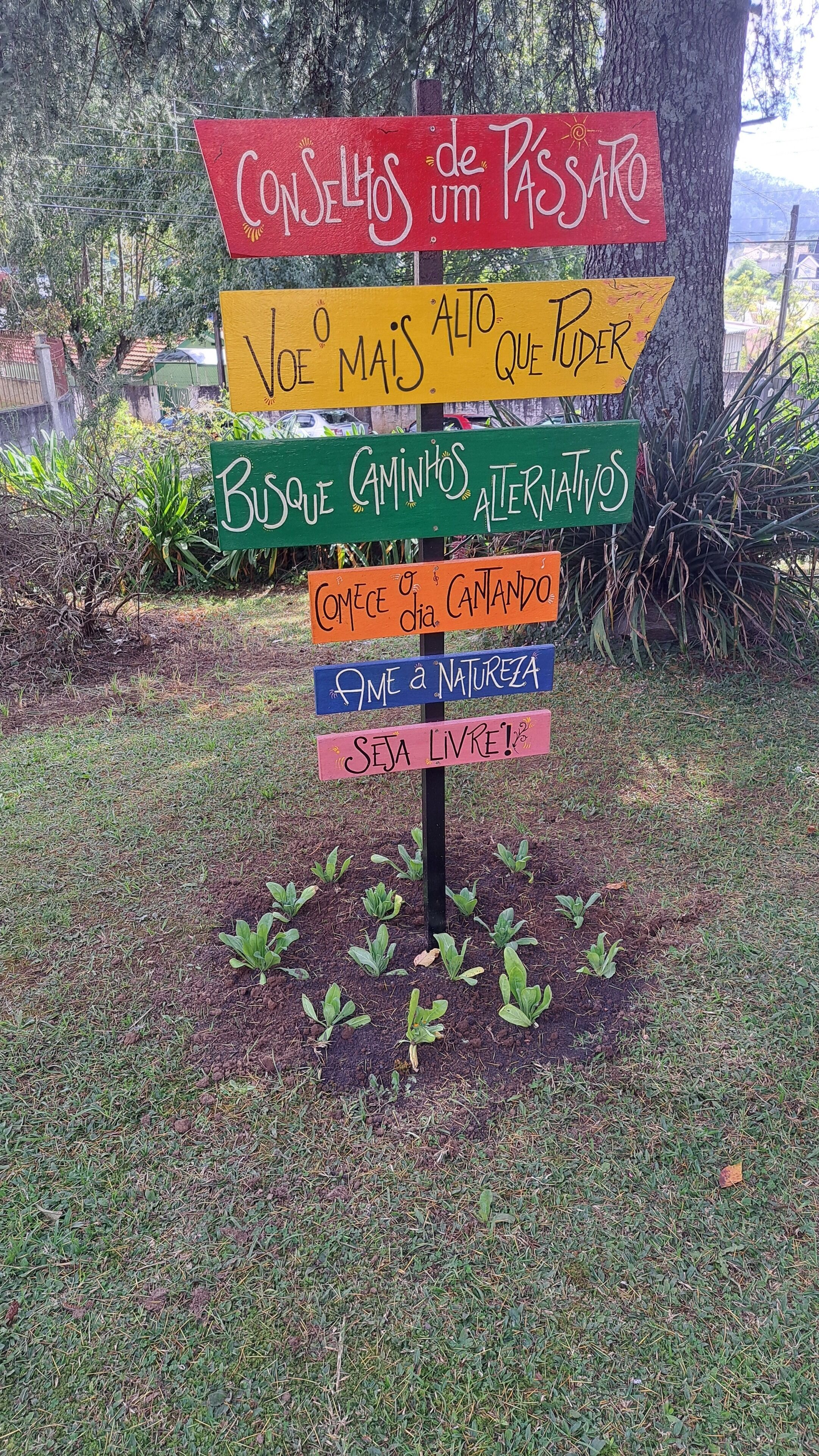 Un cartel colorido con varios mensajes en portugués, rodeado de hierba y plantas.