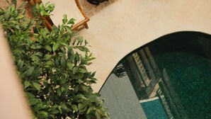 A rooftop pool area with two lounge chairs and a potted plant. - Les Sources Berbères Riad & Spa (Marrakech)