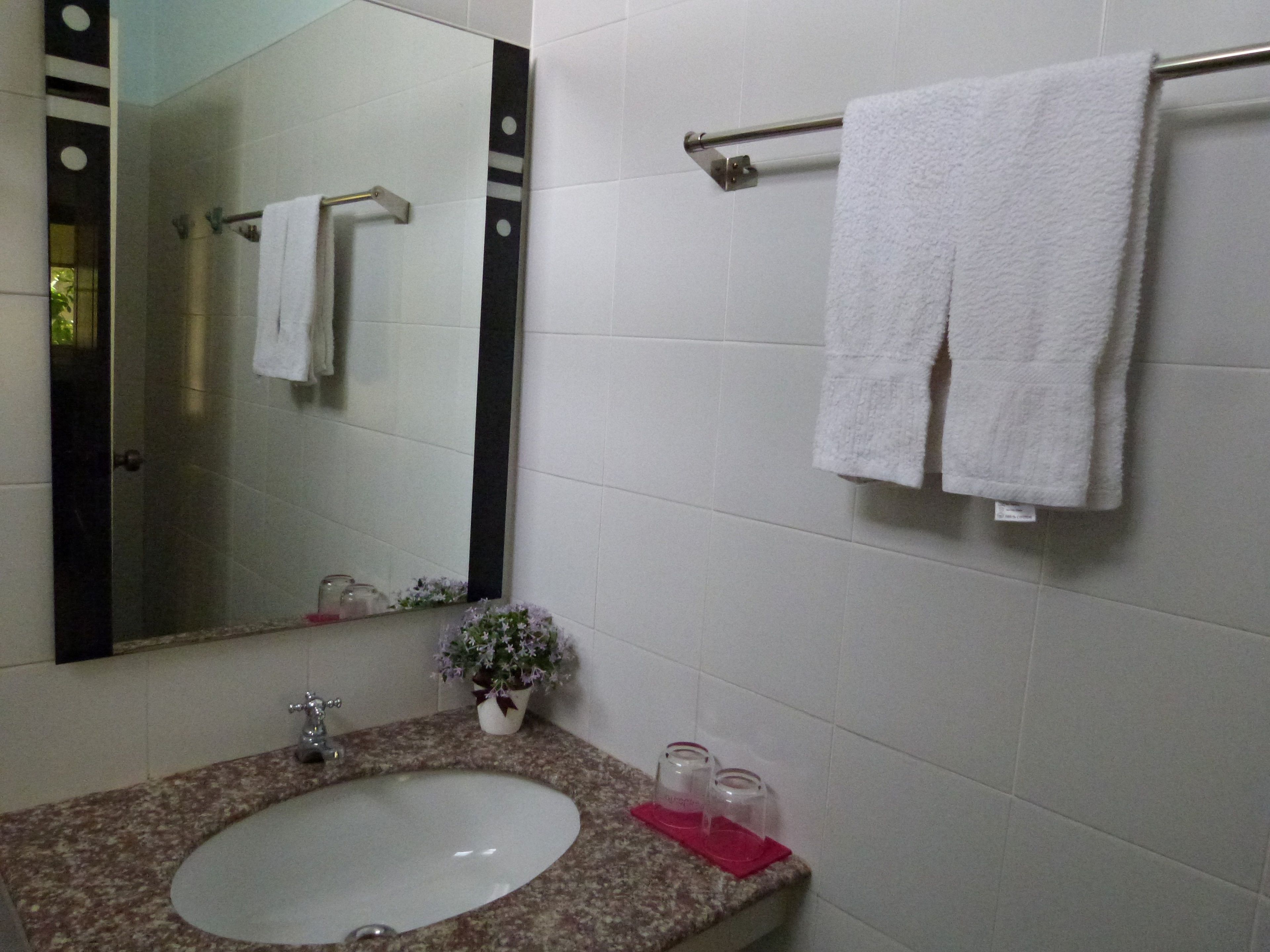 A bathroom with a granite countertop sink, a mirror, a towel rack with two towels, a small potted plant, and two glass containers.