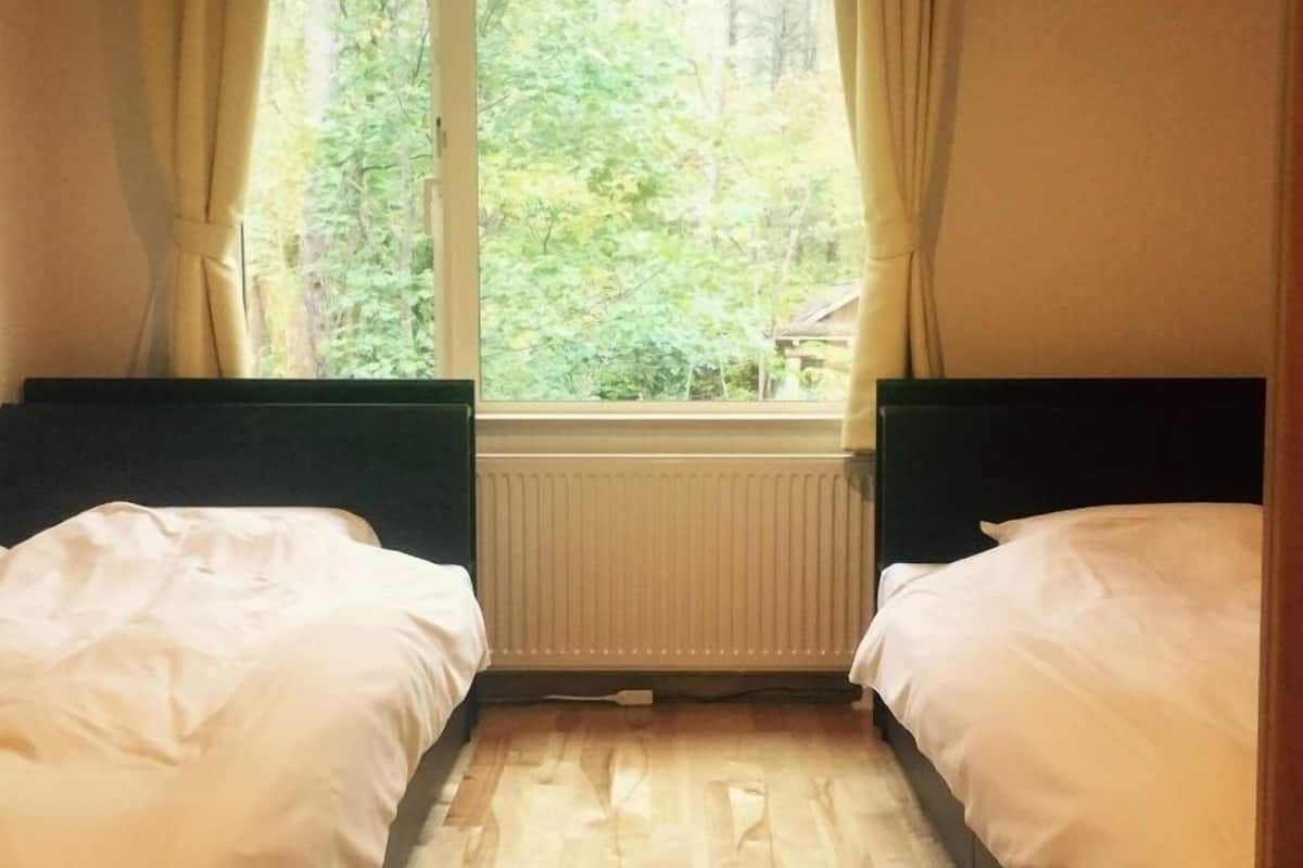 Une chambre avec deux lits, une fenêtre avec des rideaux, un radiateur et une vue sur les arbres.