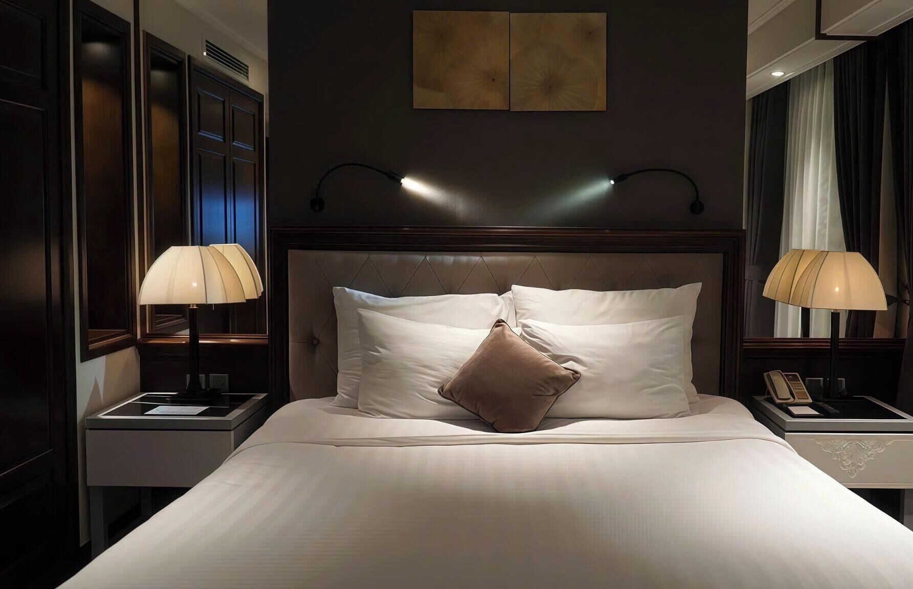 A hotel room with a large bed, two bedside lamps, a nightstand with a phone, and a wall-mounted artwork.