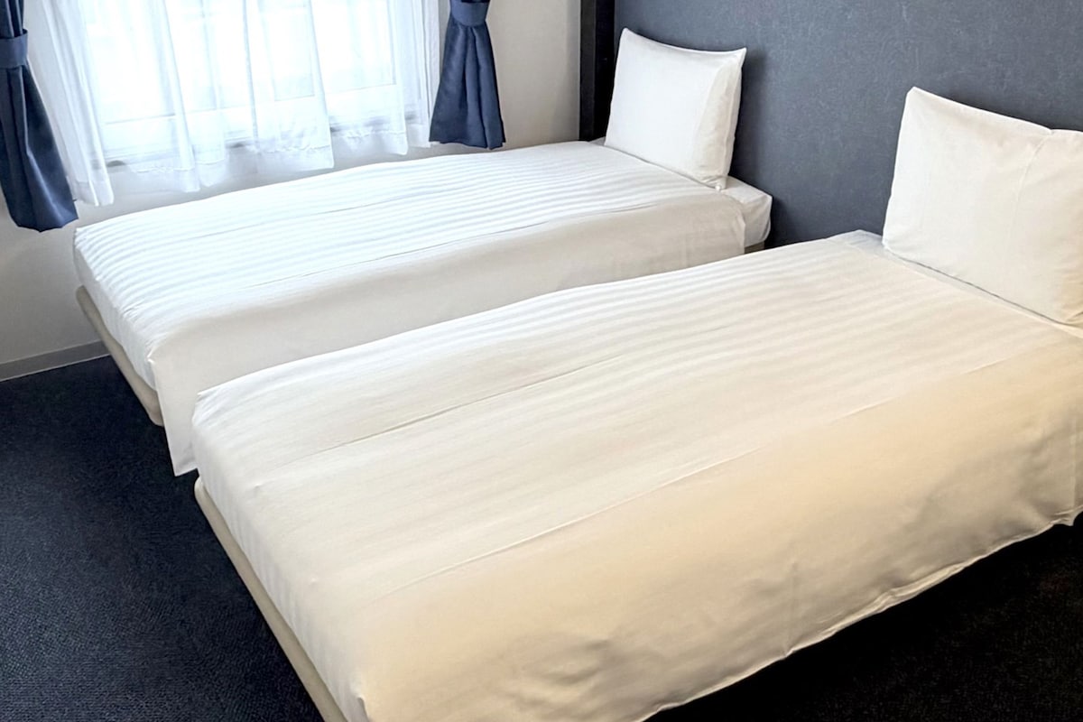 Une chambre d’hôtel avec deux lits simples, une moquette sombre et une fenêtre avec des rideaux.