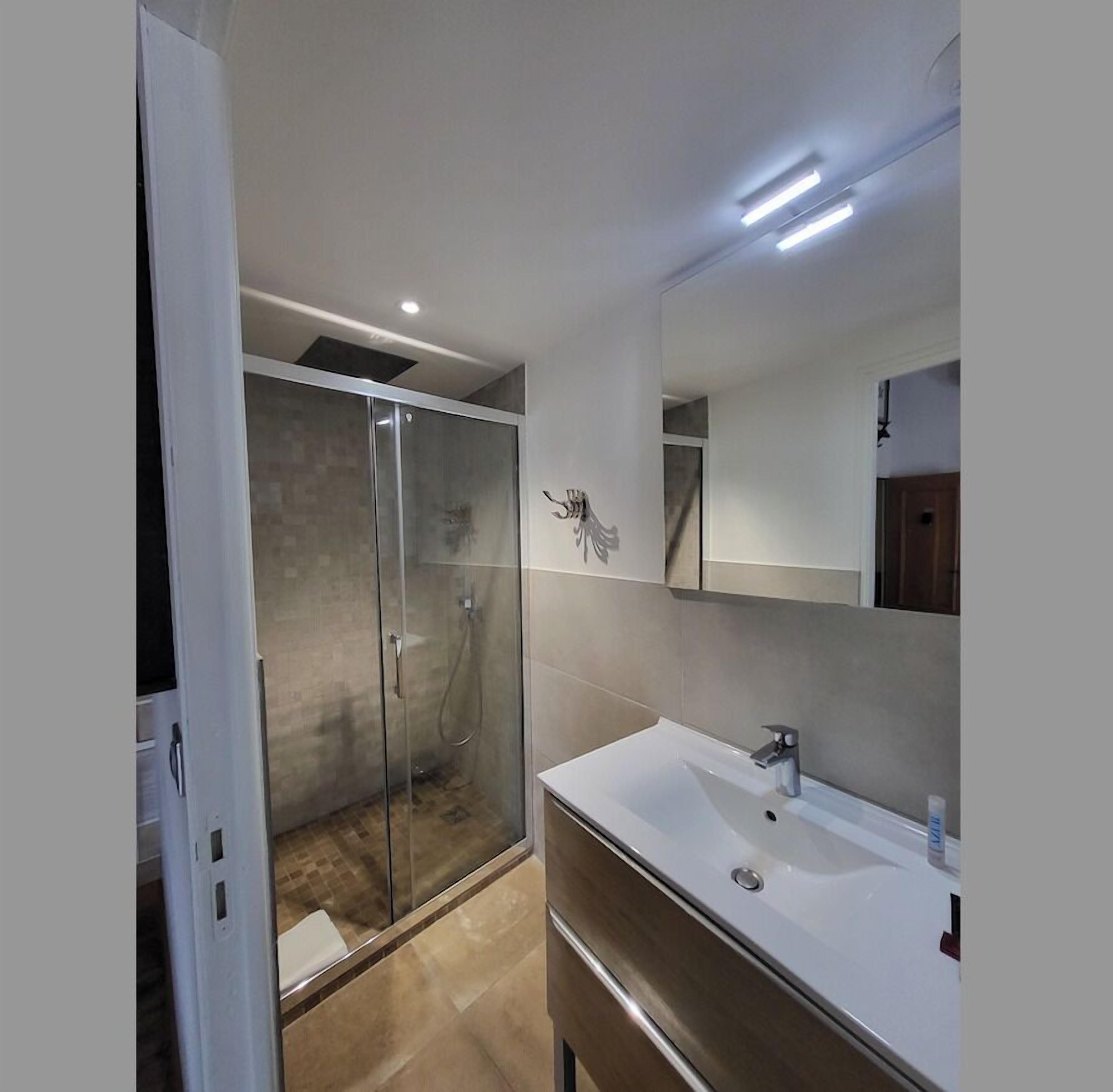 A modern bathroom with a glass-enclosed shower, a large mirror, and a white sink.