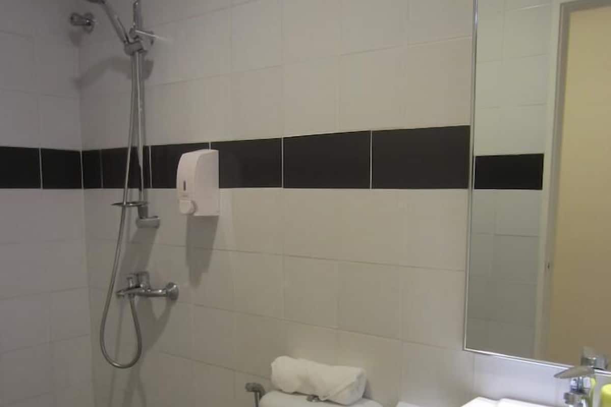A bathroom with a toilet, a sink, and a shower.
