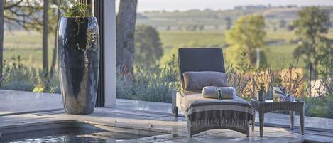 A poolside area with a lounge chair, a large vase with plants, and a view of the countryside.