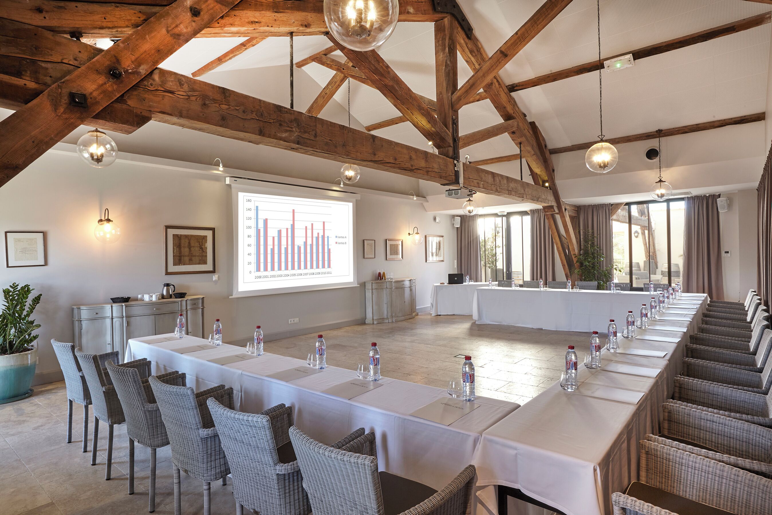 A conference room with a long table, wicker chairs, and a projector screen displaying a graph.