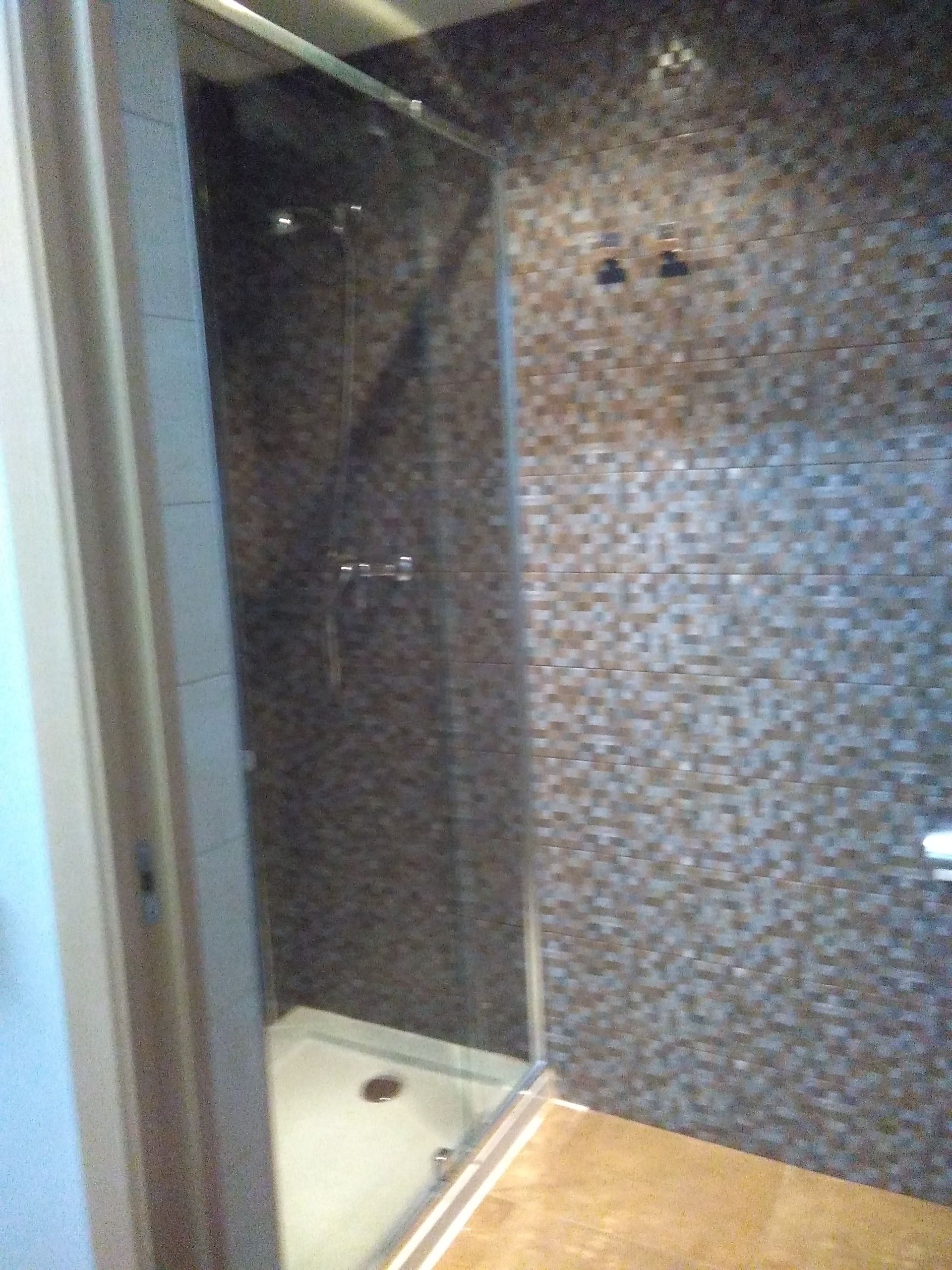A glass-enclosed shower with a tiled wall.