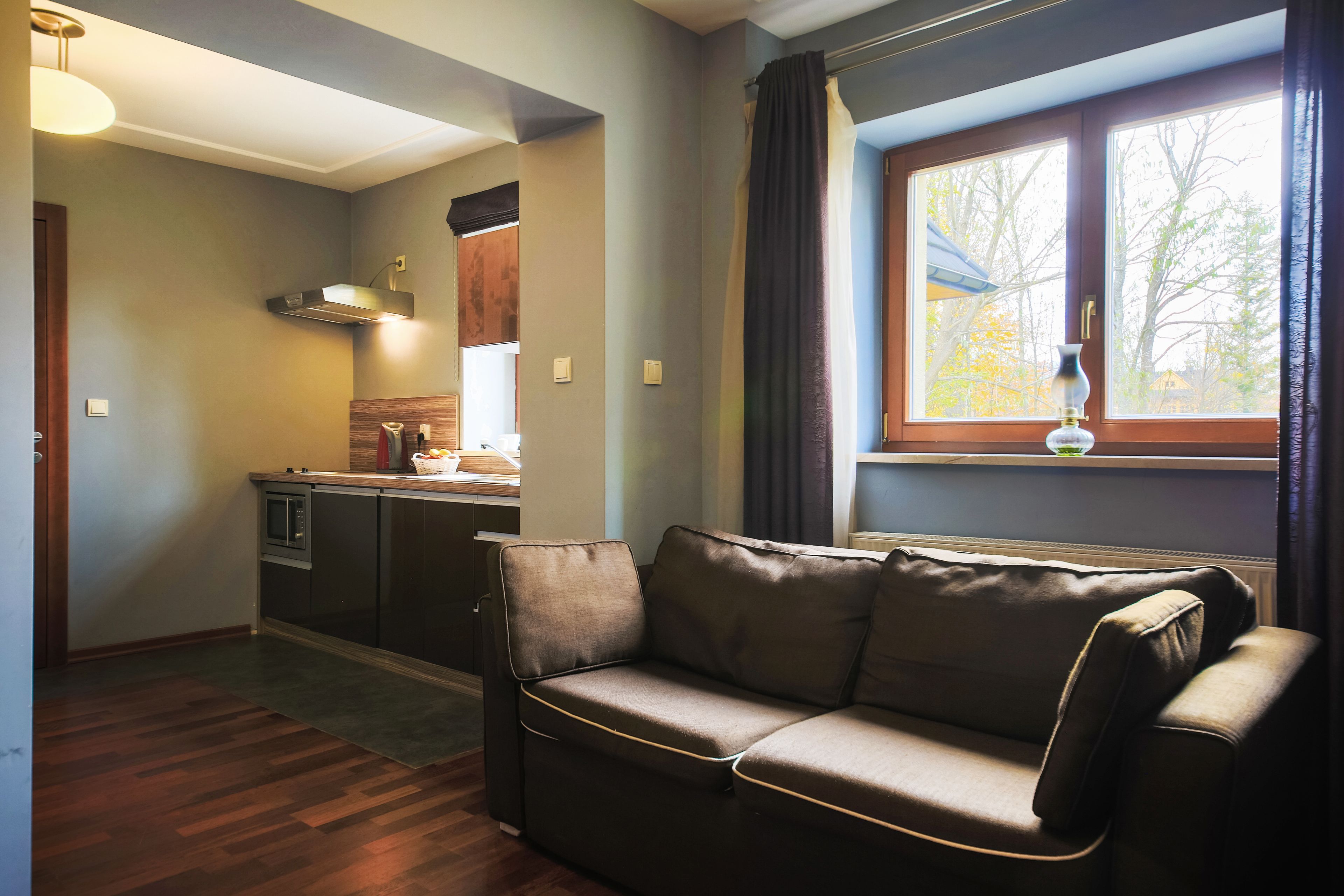 A living room with a brown leather sofa, a kitchen area with modern appliances, and a window with curtains.