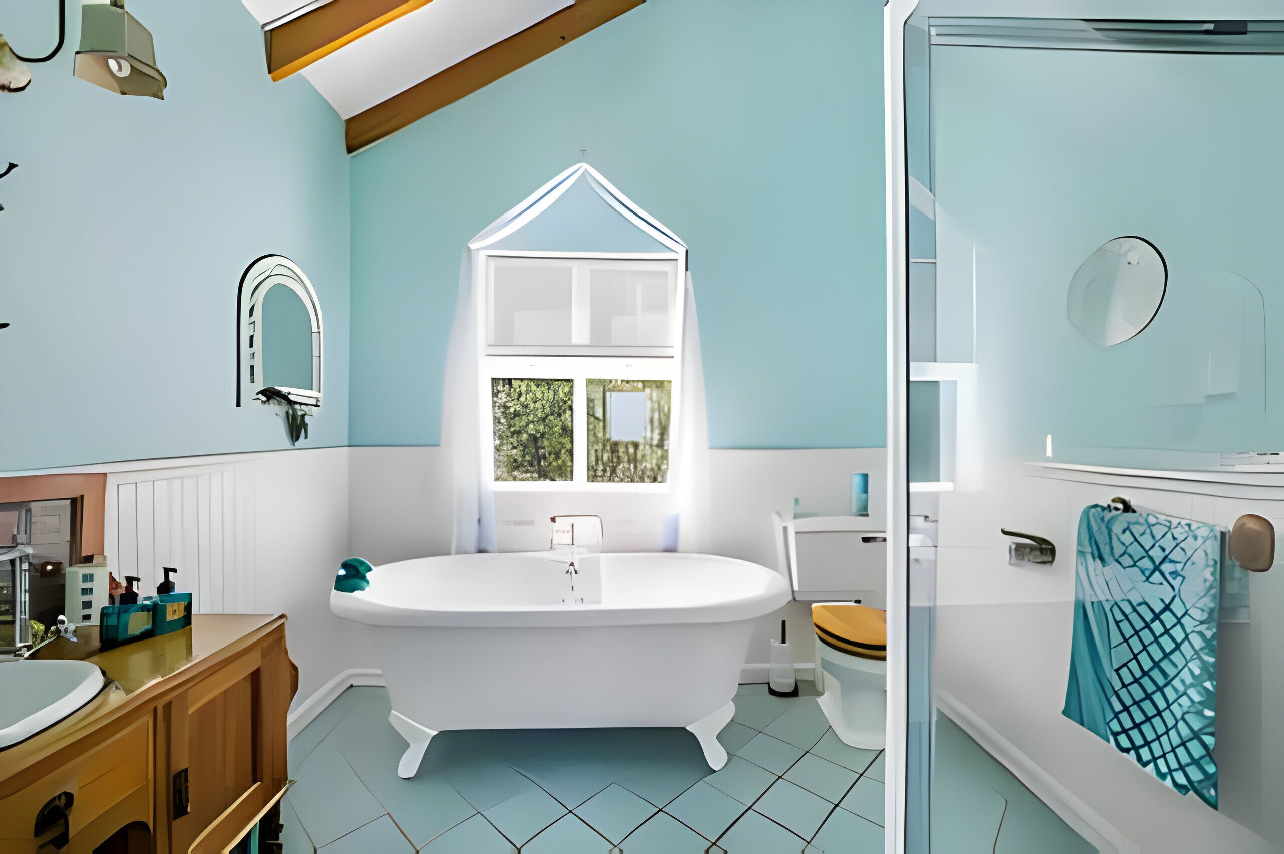 A bathroom with a freestanding bathtub, a window with a view, a vanity with a mirror, and a towel rack.