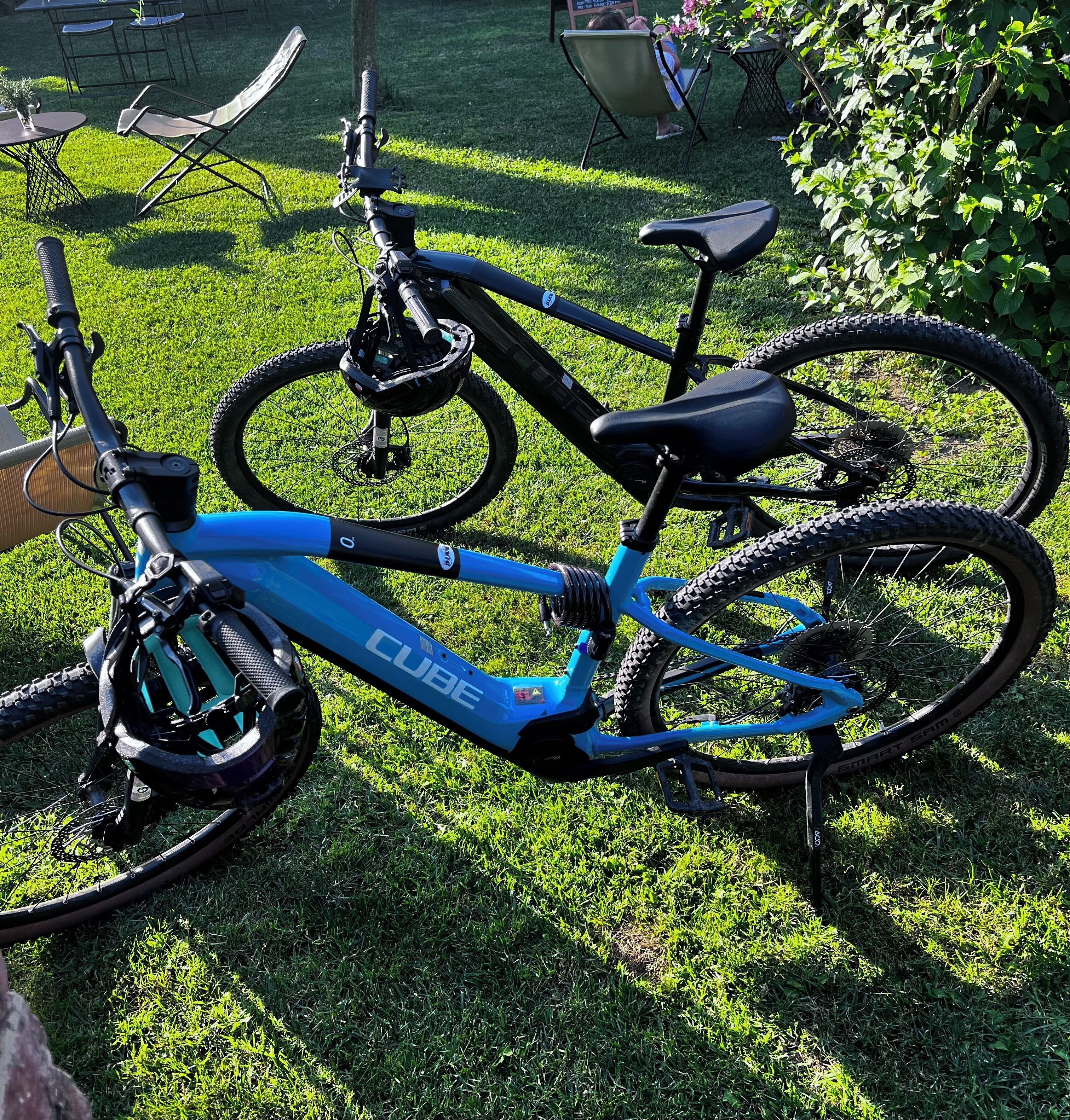 Un vélo électrique bleu, doté d’une fourche avant à suspension, d’une selle noire et d’un porte-bagages arrière, est garé sur une pelouse.
