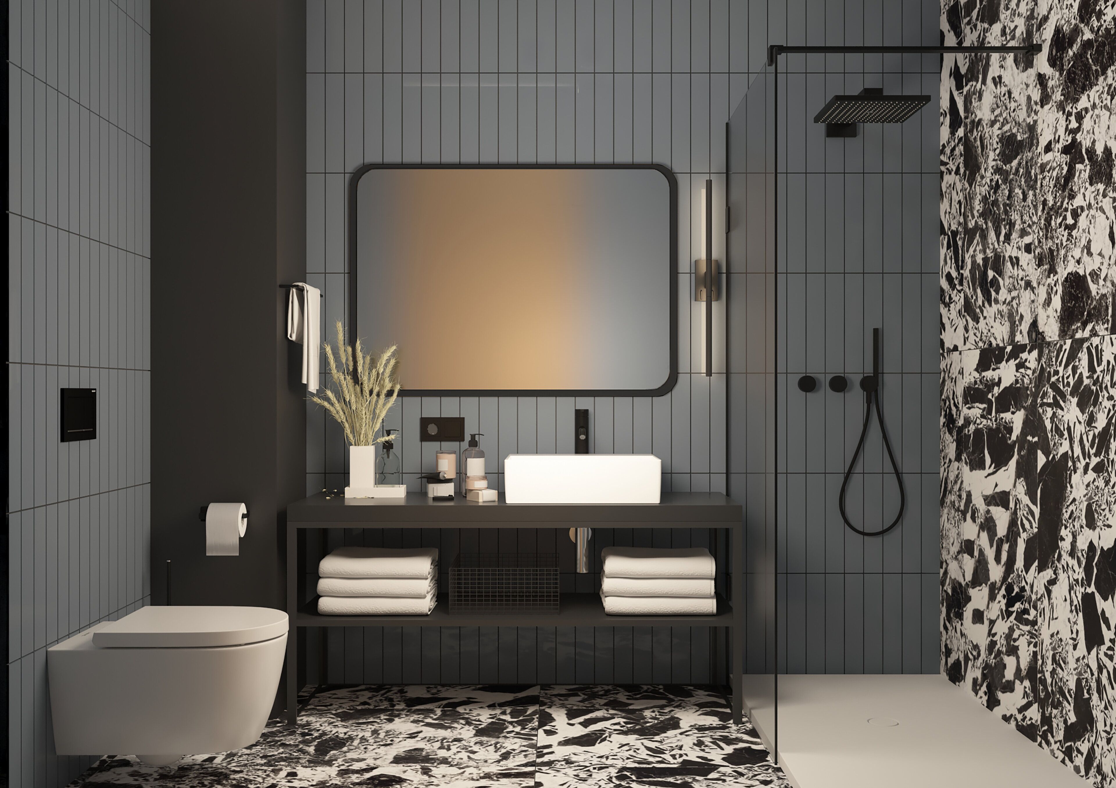 A modern bathroom with a large mirror, a sink, a toilet, and a shower.