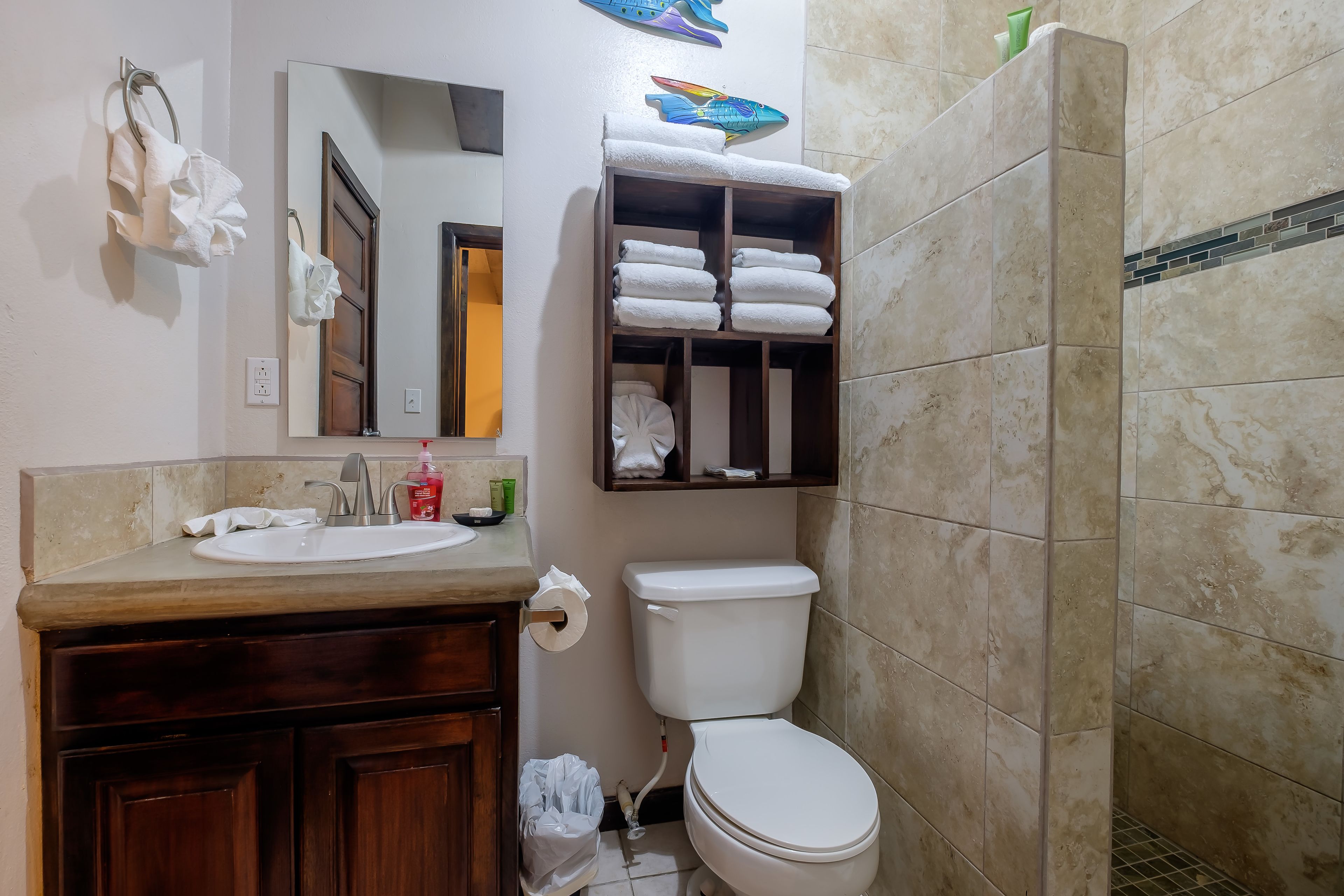 shower, free toiletries, hair dryer, towels