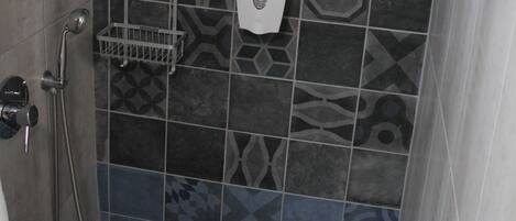 Ducha con un secador de manos y un estante metálico.