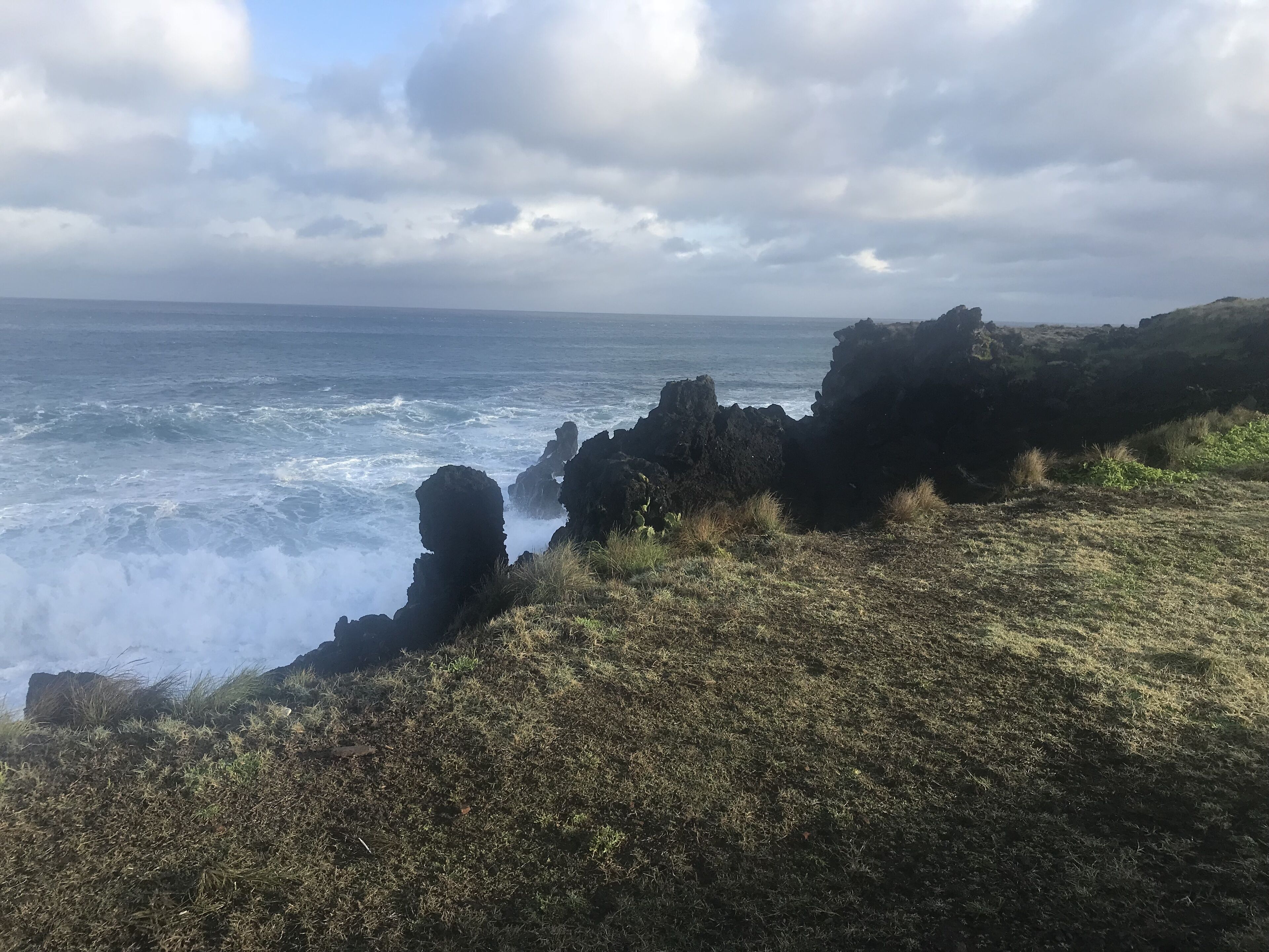 A coastal landscape with rocky outcrops and grassy terrain.