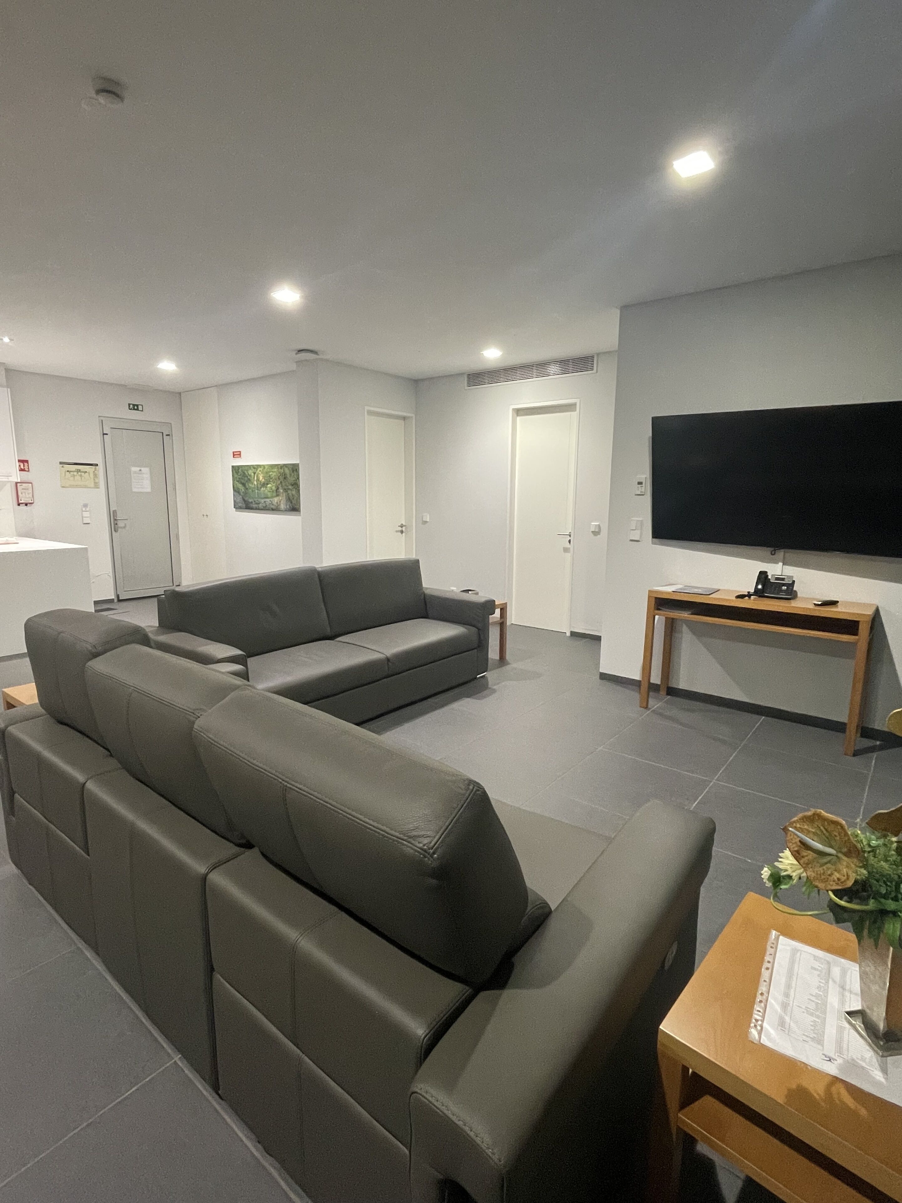 A modern living room with a sectional sofa, a flat-screen TV, and a wooden coffee table.