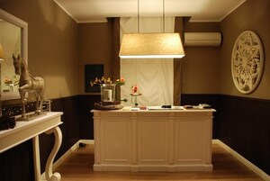 Una habitación bien iluminada con una barra en el centro, una estatua decorativa de un caballo y un equipo de aire acondicionado grande instalado en la pared.