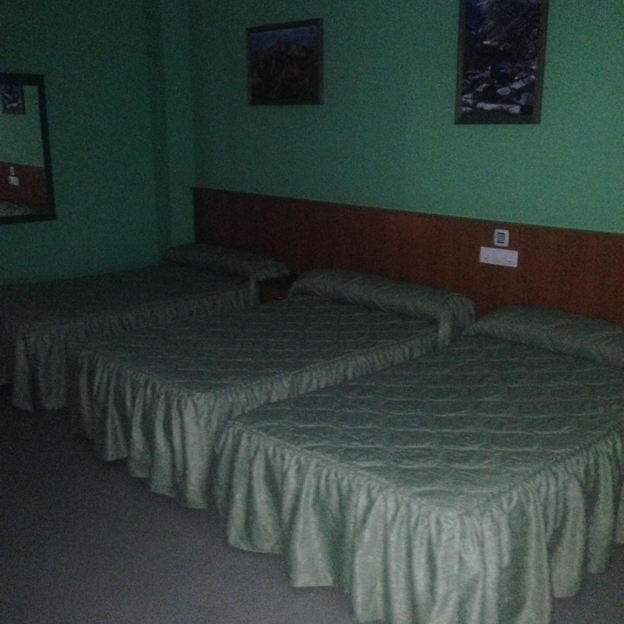 A room with three single beds aligned against a green wall, each with a wooden headboard.
