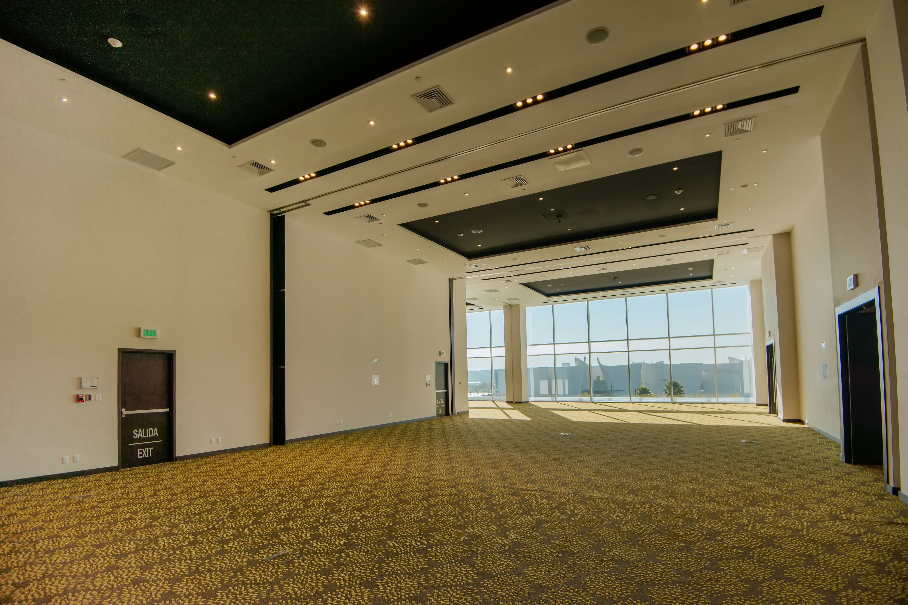 Una amplia sala de conferencias, bien iluminada, con alfombra estampada, ventanas grandes y una puerta de salida.