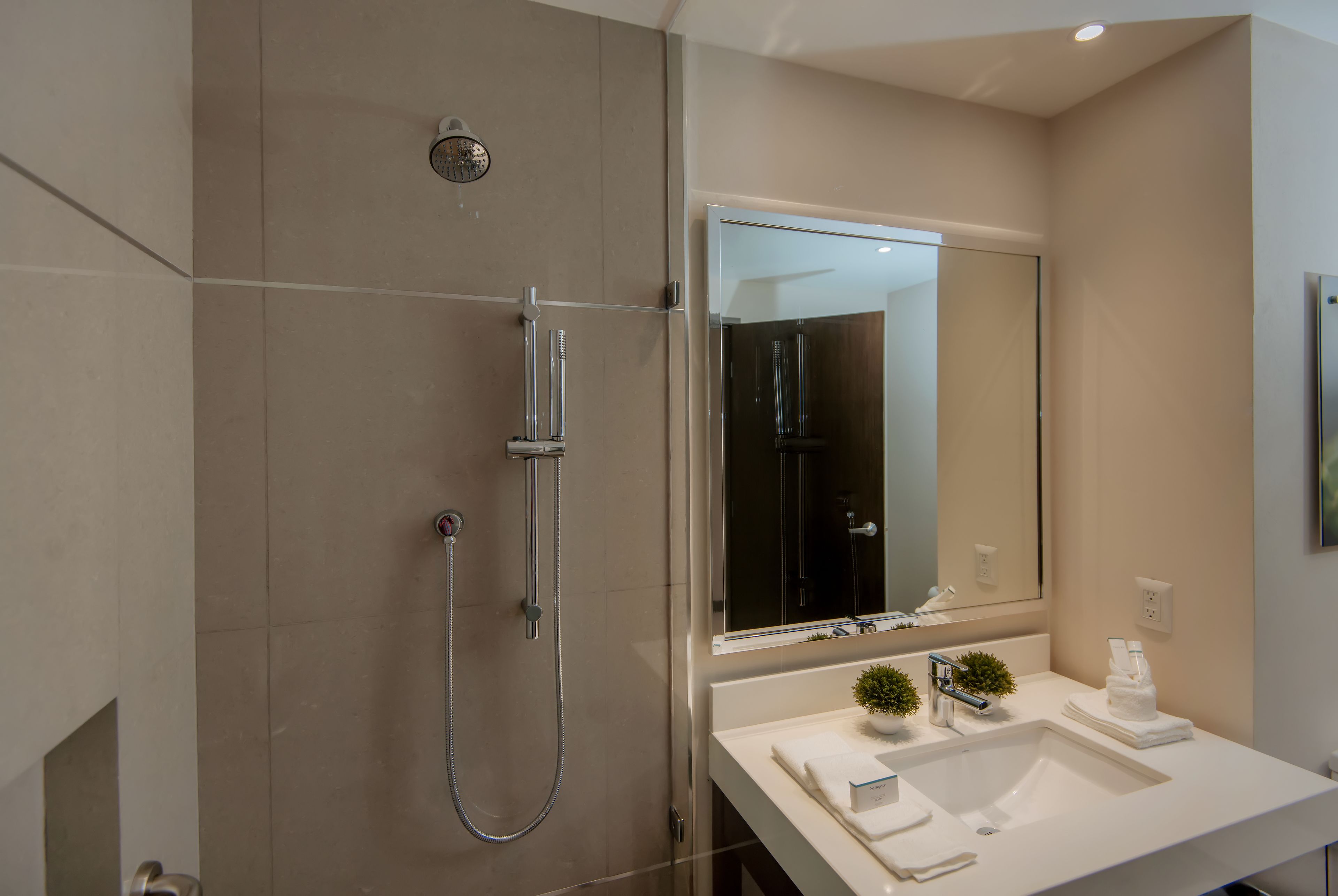 A modern bathroom with a shower, a large mirror, and a white sink.