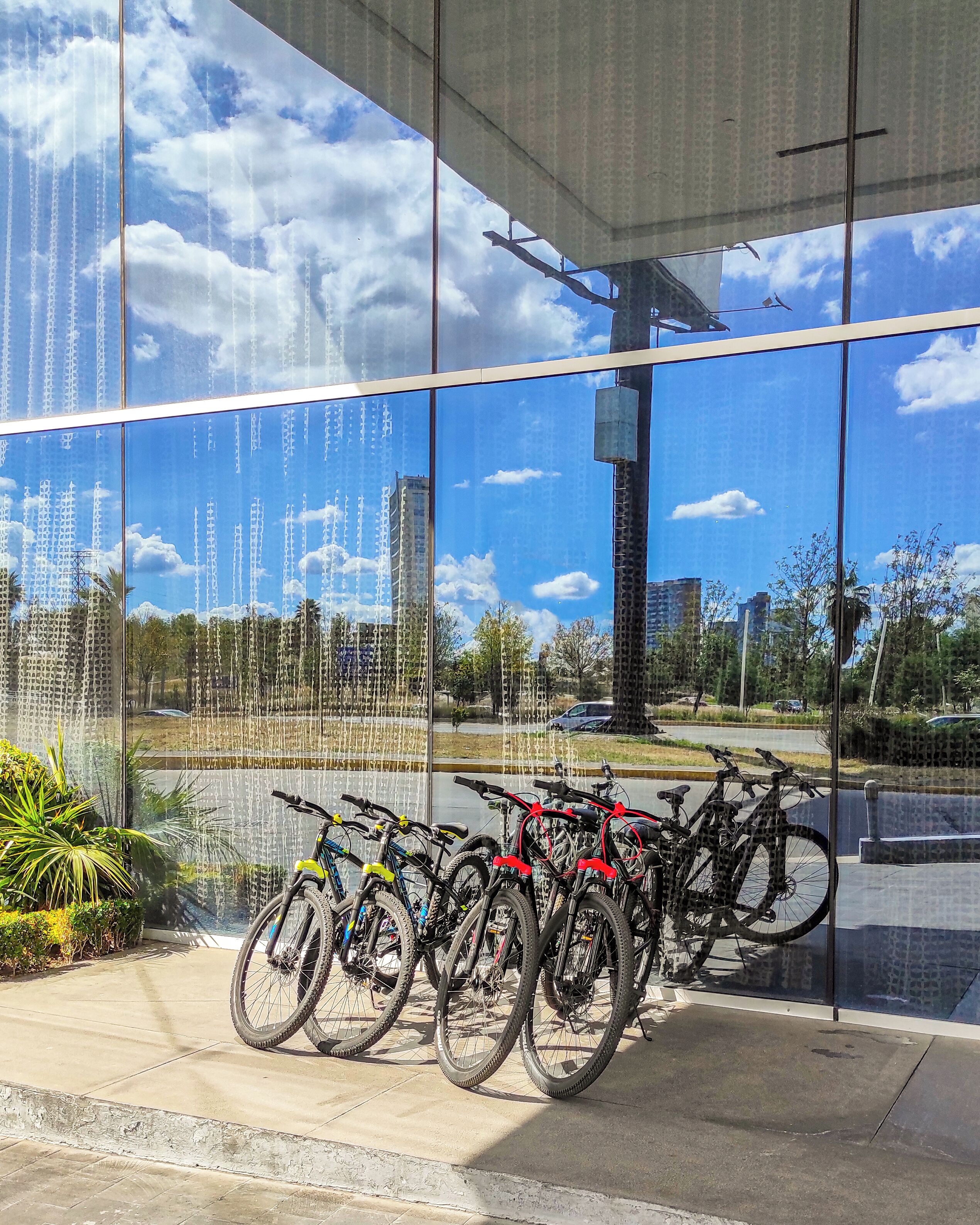 Un edificio moderno con grandes ventanales que reflejan un cielo despejado y nubes. En el interior, bicicletas están estacionadas junto al cristal, y un sendero de concreto conduce a la entrada.