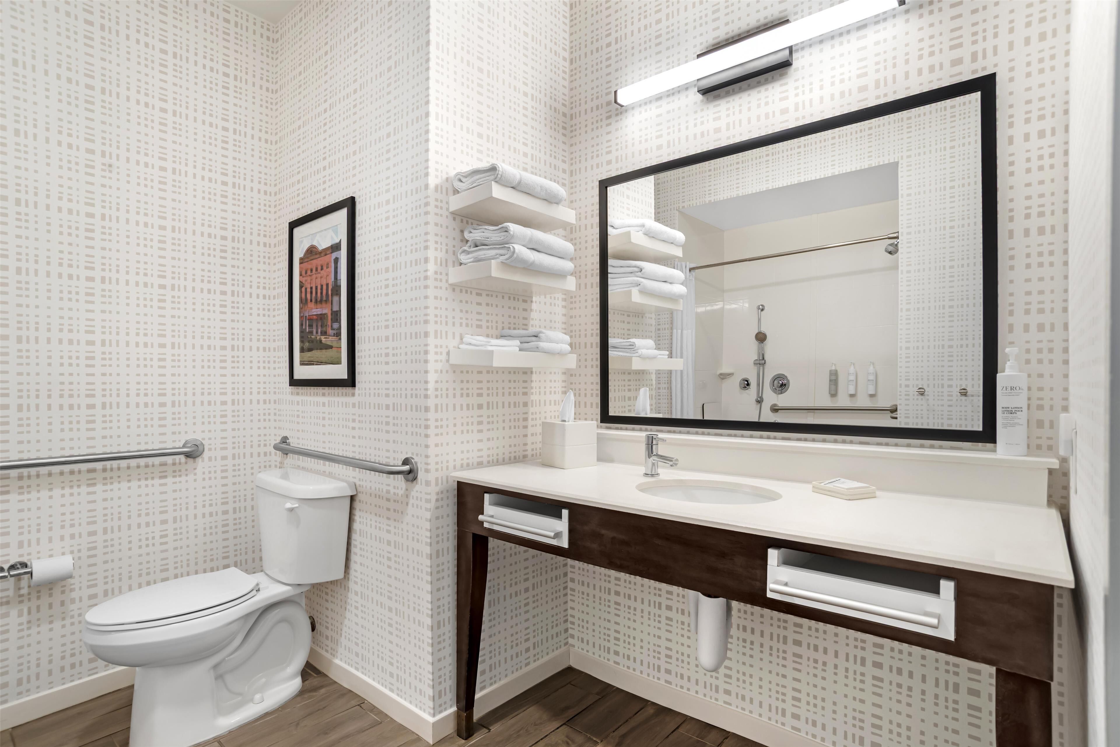 combined shower/bathtub, free toiletries, hair dryer, towels