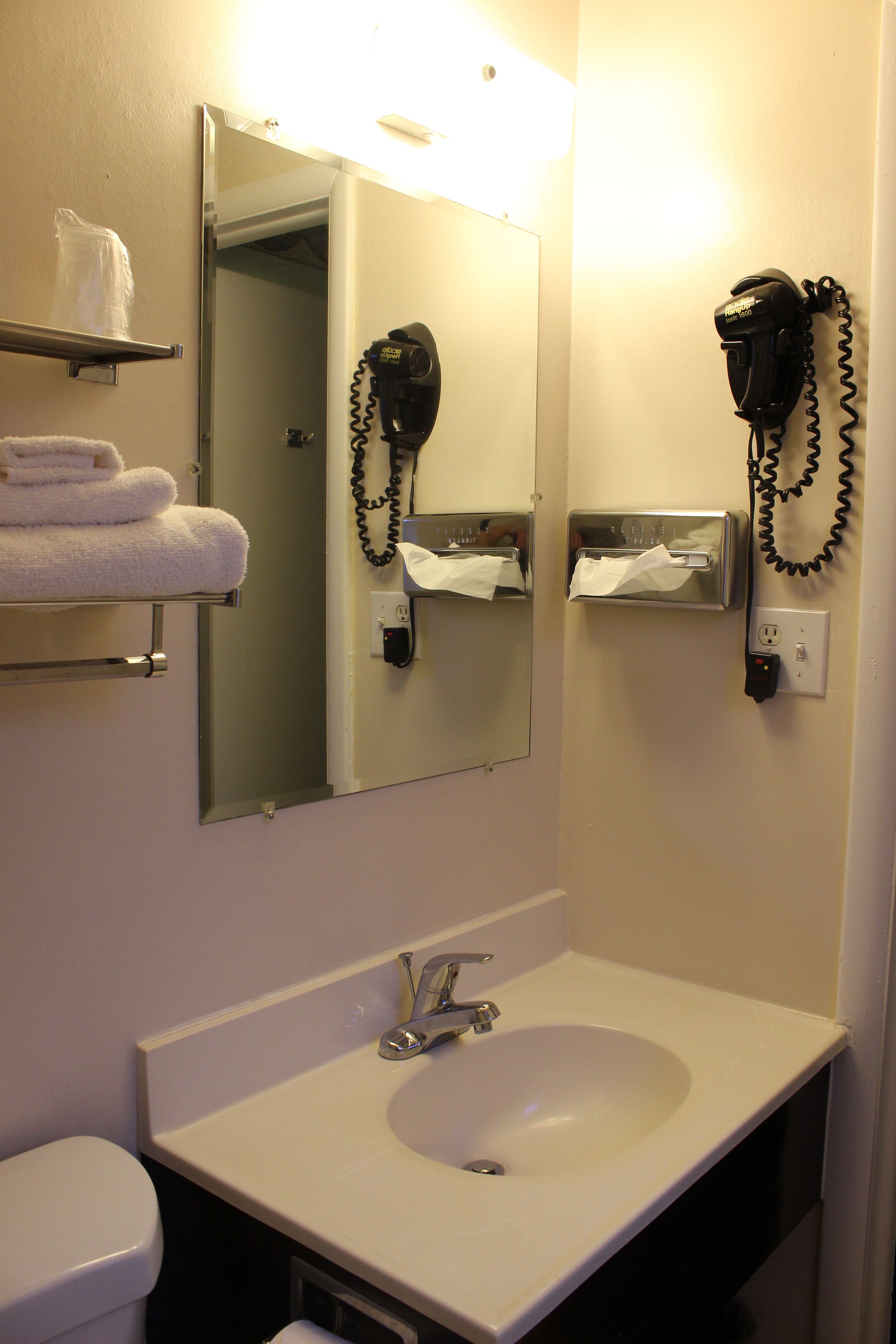 A bathroom with a sink, mirror, towel rack, and hairdryer.