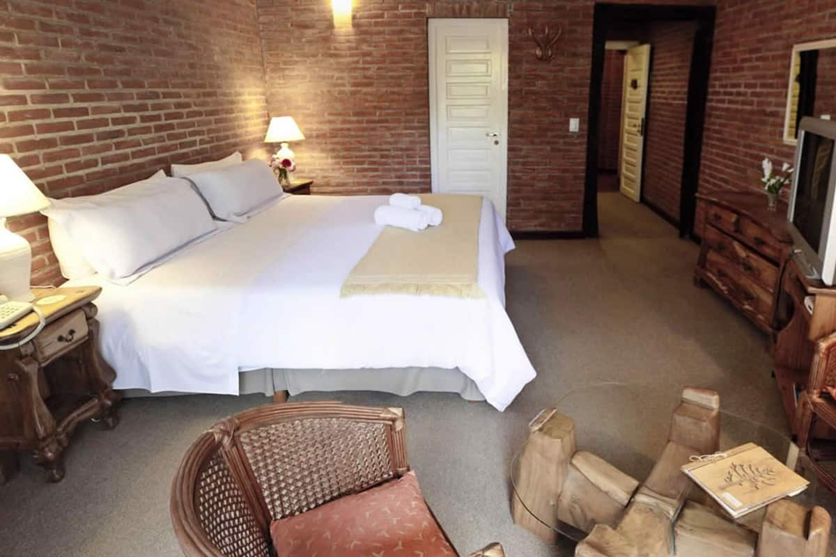 Quarto de hotel com uma cama grande, uma cadeira de madeira, uma televisão e uma parede de tijolos.