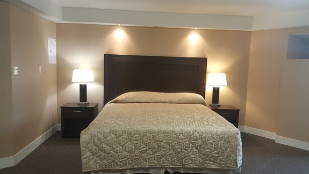 Una habitación de hotel con una cama grande, dos mesitas de noche con lámparas y un cabecero.