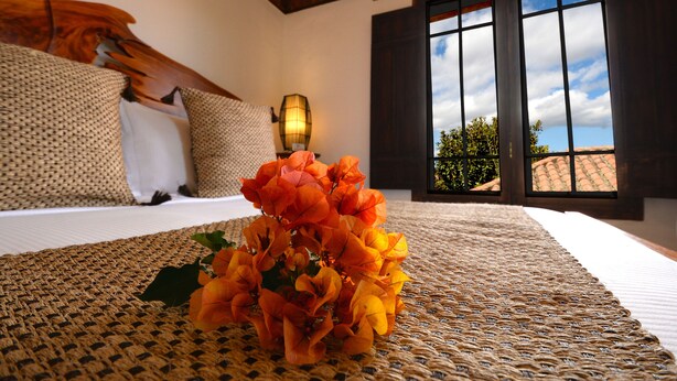 Una habitación de hotel con una cama, un tapete tejido y una ventana con vista al cielo y a los árboles.