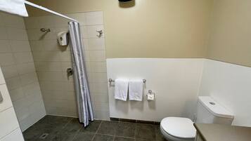 Un baño con ducha, inodoro y barra para toallas.