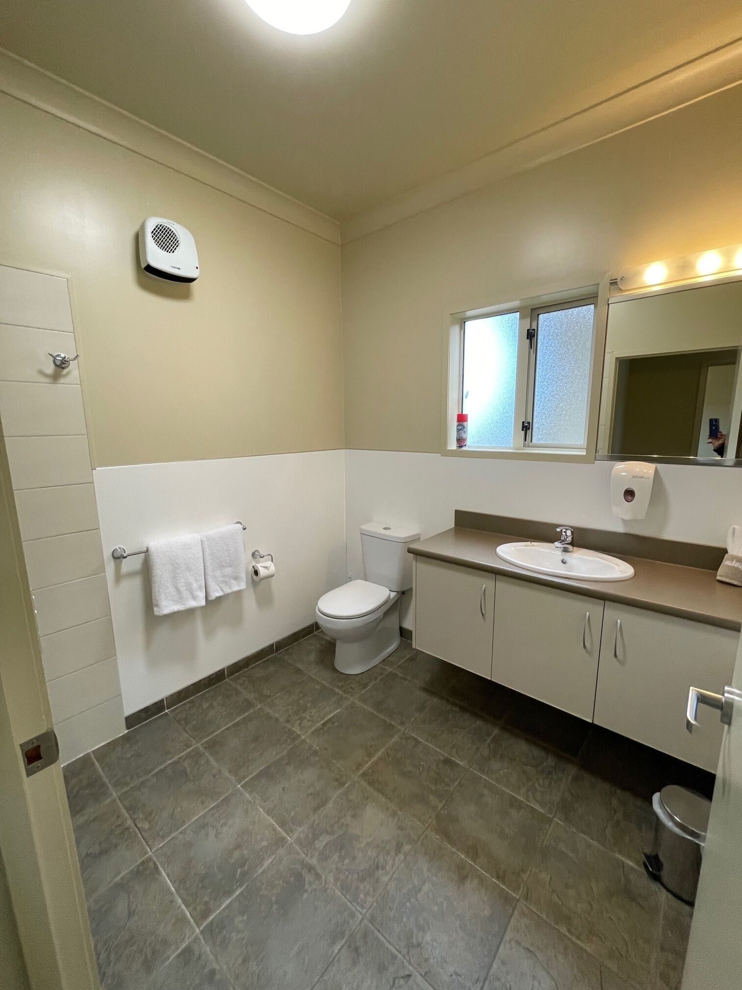 Ein Badezimmer mit Toilette, Waschbecken und Spiegel.