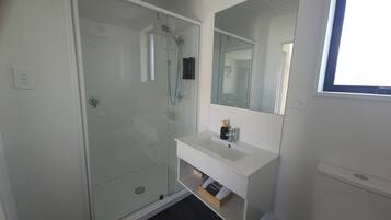 A modern bathroom with a glass shower enclosure, a white sink, and a mirror above it.