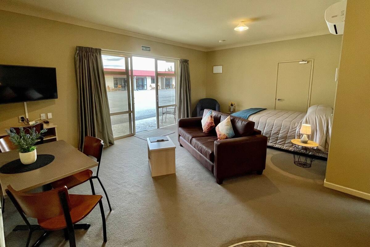 A hotel room with a sofa, a small table with a plant, a TV, a bed with a lamp, and a view through the sliding doors.