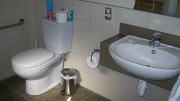 A bathroom with a toilet, a sink, and a trash can.