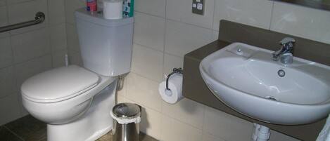 Un baño con inodoro, lavamanos y cubo de basura.