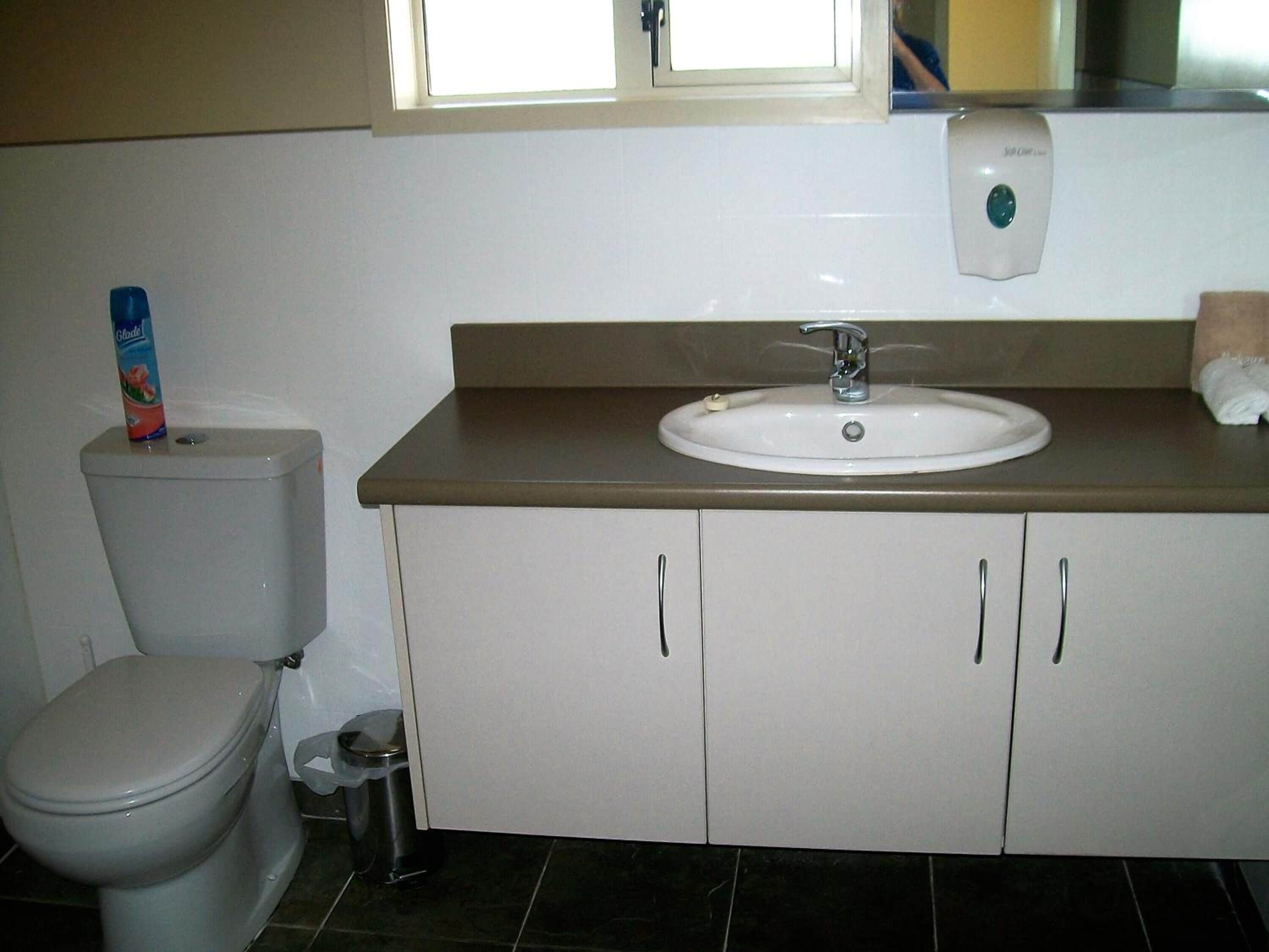 A bathroom with a toilet, sink, and cabinets.