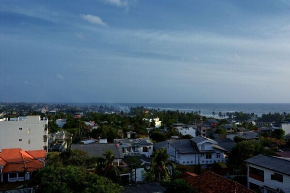 A residential area with houses and a view of the ocean.